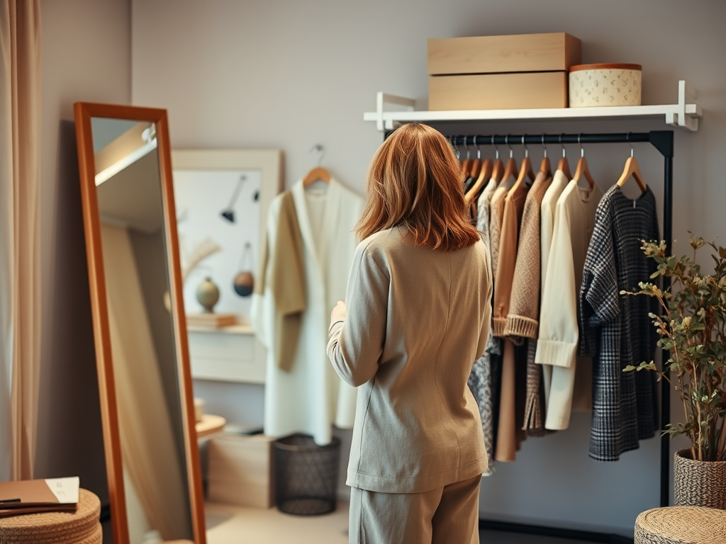 Een vrouw kijkt in de spiegel terwijl ze nadenkt over kleding in een moderne winkelruimte.