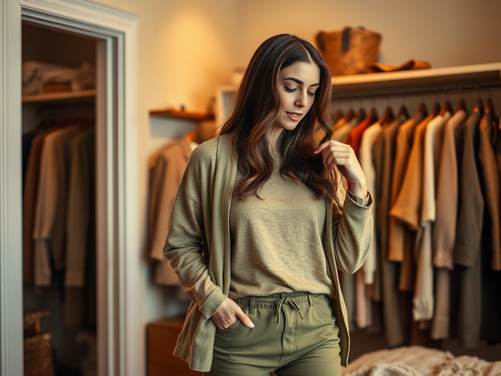 Een vrouw in een gezellige outfit staat in een kamer met een kledingkast op de achtergrond.