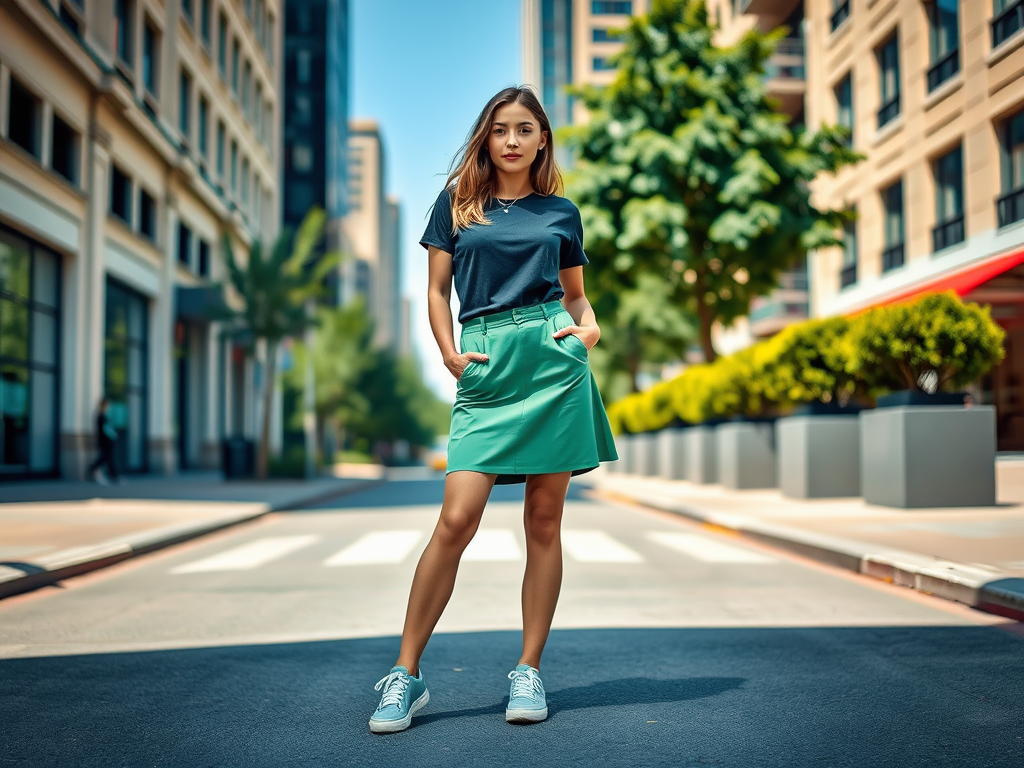 Een vrouw in een groene rok en zwart T-shirt staat op een straat in een moderne stadsomgeving.