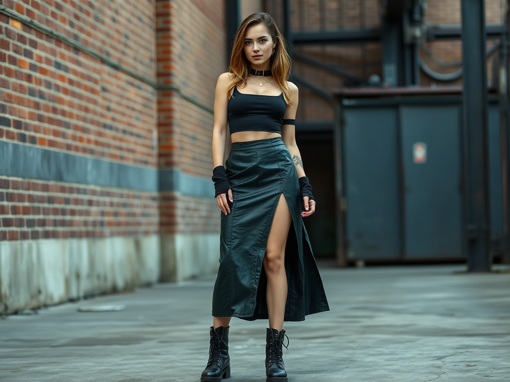 Een vrouw in een zwarte crop top en lange rok poseert op straat met een bakstenen muur op de achtergrond.