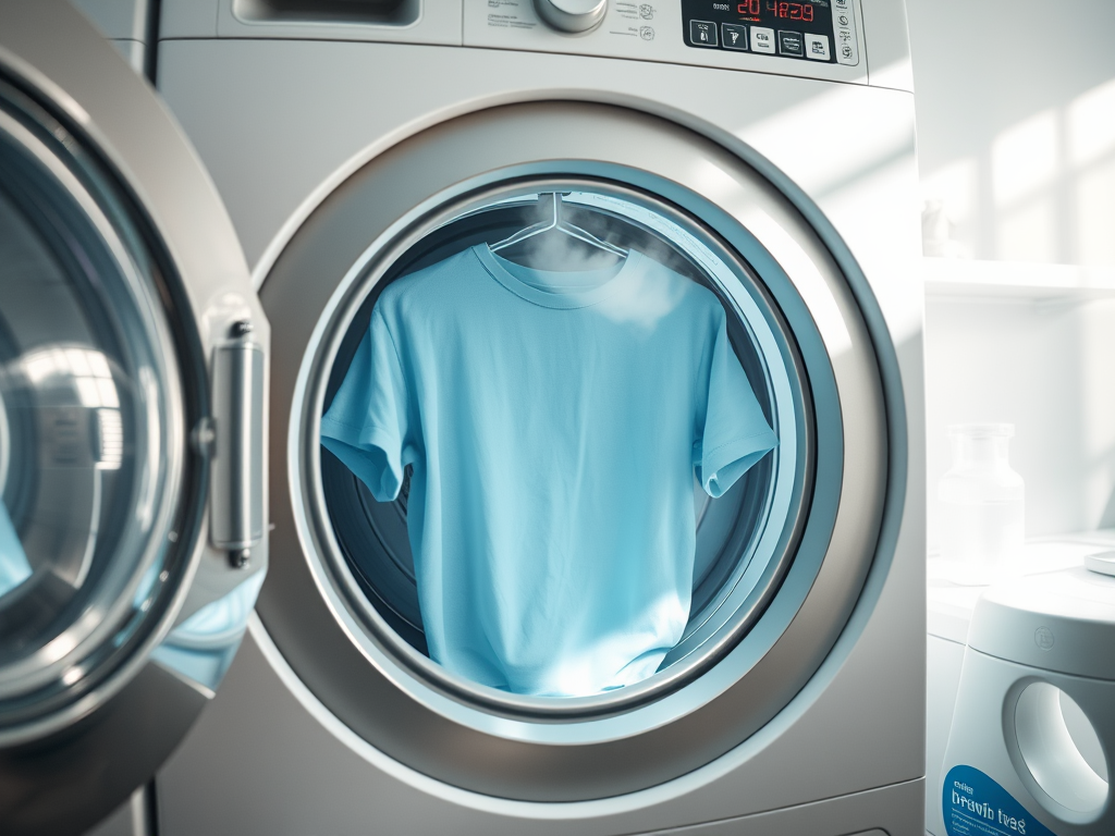 Een blauwe T-shirt hangt in de wasmachine, met helder licht dat door het raam schijnt.