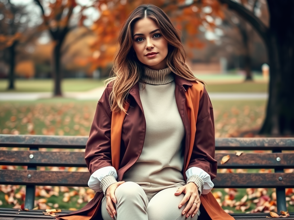 Een vrouw zit op een bank in een park, omringd door herfstbladeren, in een elegante outfit met warme kleuren.