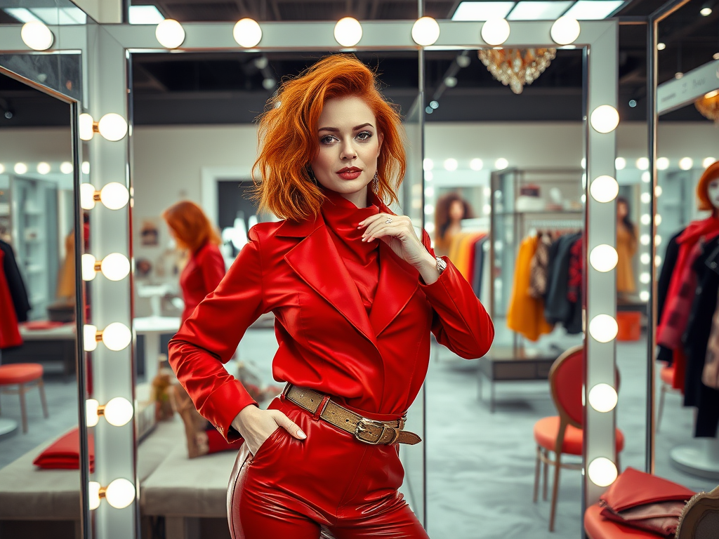 Een vrouw met rood haar in een felrode outfit poseert in een modewinkel met verlichting en kleding achter haar.