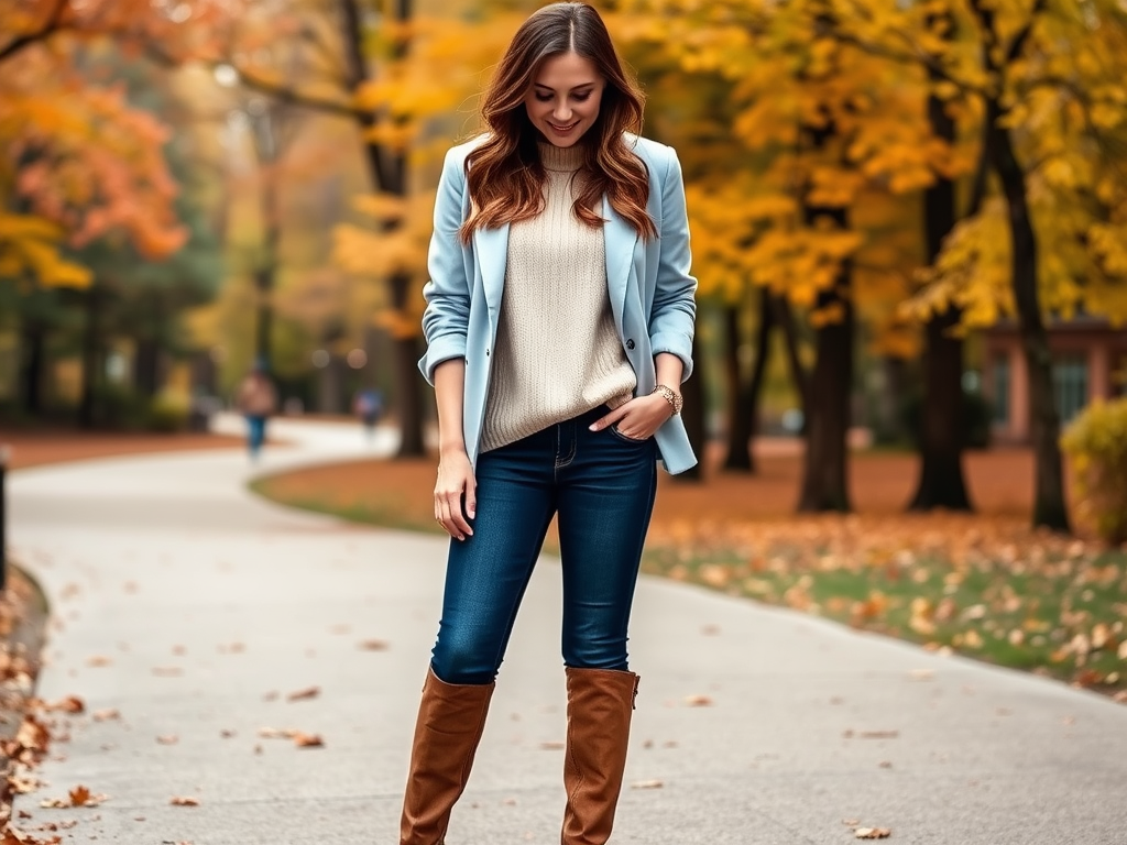 Een vrouw in een blauwe blazer en beige trui loopt op een pad omringd door herfstbomen en gevallen bladeren.