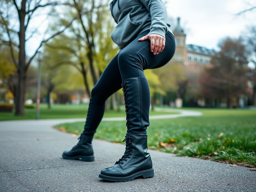 Een persoon in zwarte leggings en laarzen, zittend op een pad in een park met bomen op de achtergrond.