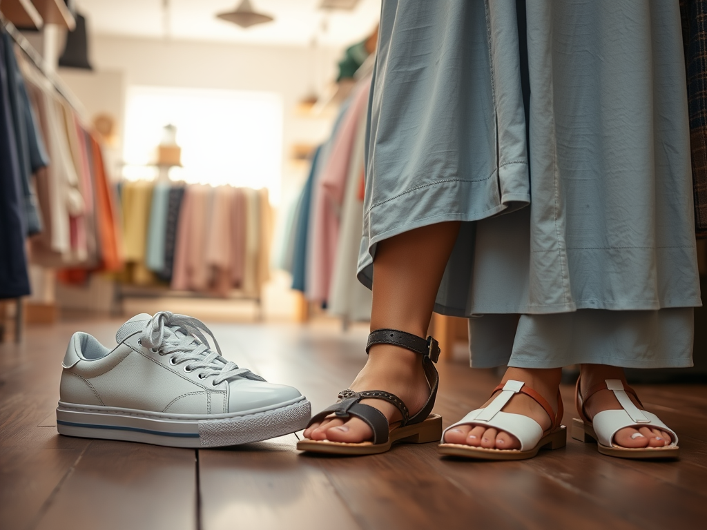 Een paar sneakers naast elegante sandalen in een kledingwinkel met kleurrijke kleding.