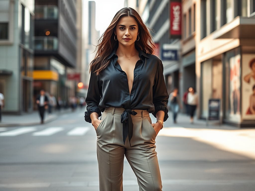 Een vrouw in een zwarte blouse en beige broek poseert zelfverzekerd op een stadsstraat met voorbijgangers.