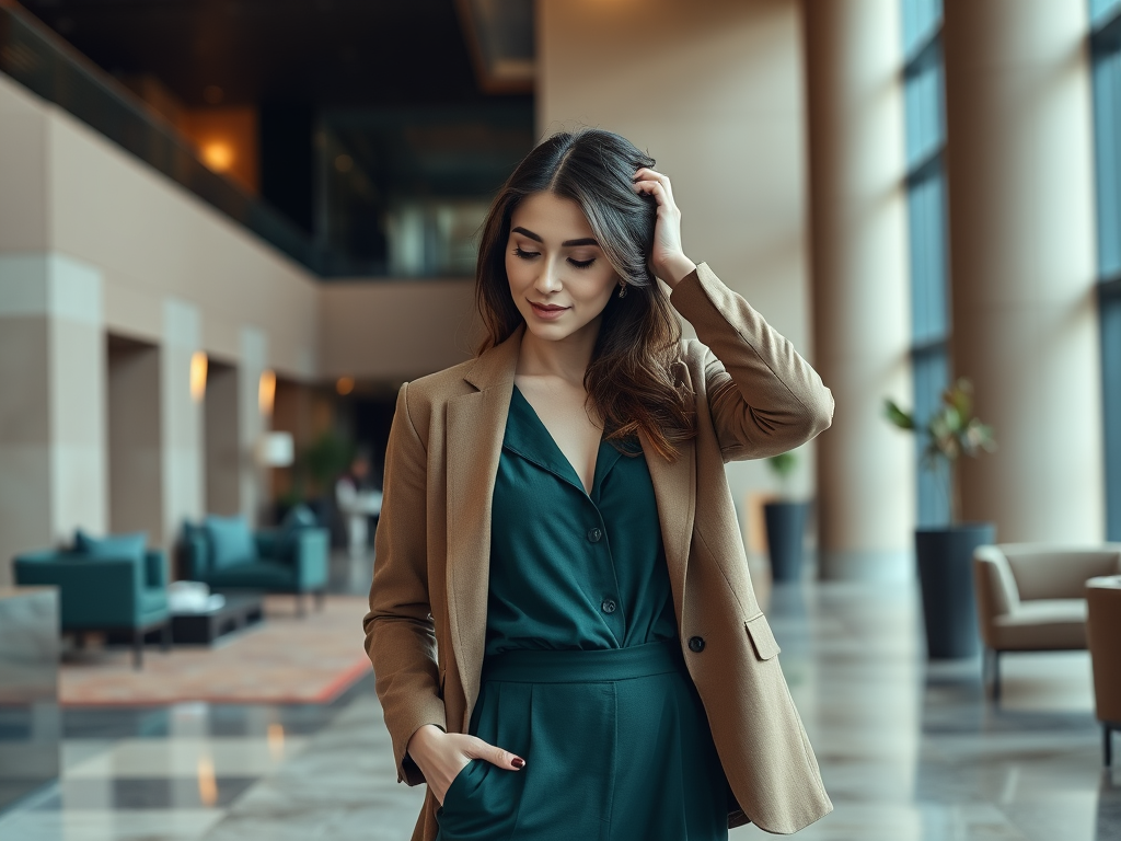 Een vrouw in een zakelijke outfit staat in een moderne lobby met grote ramen en comfortabele meubels.